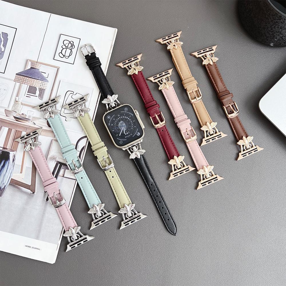 适用于苹果5678代手表表带 Apple watch SE蜜蜂钢扣平纹皮质表带