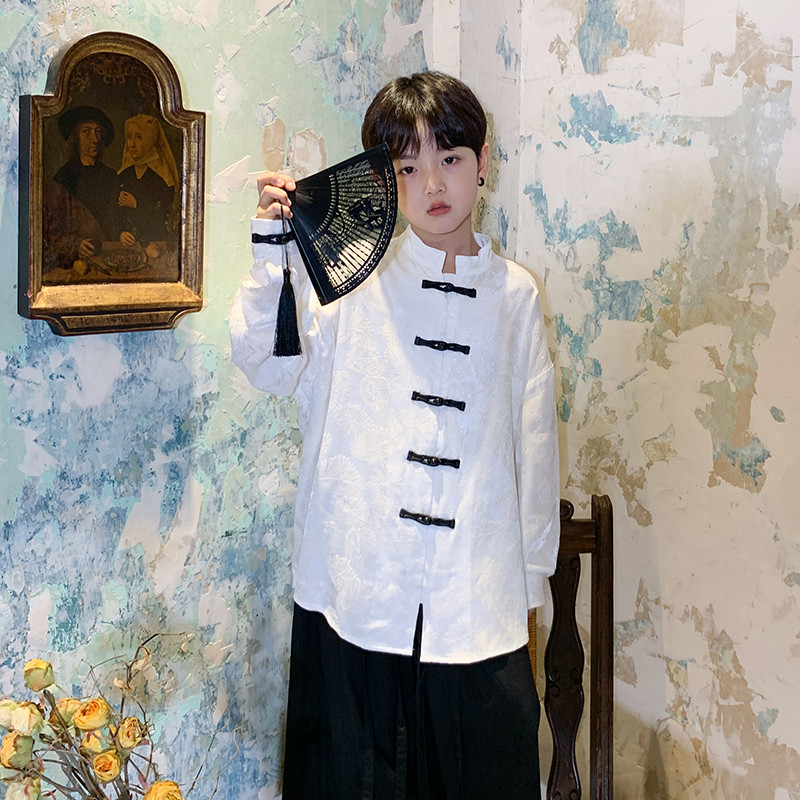 高甜梨涡男童白色中国风秋装儿童中式提花潮