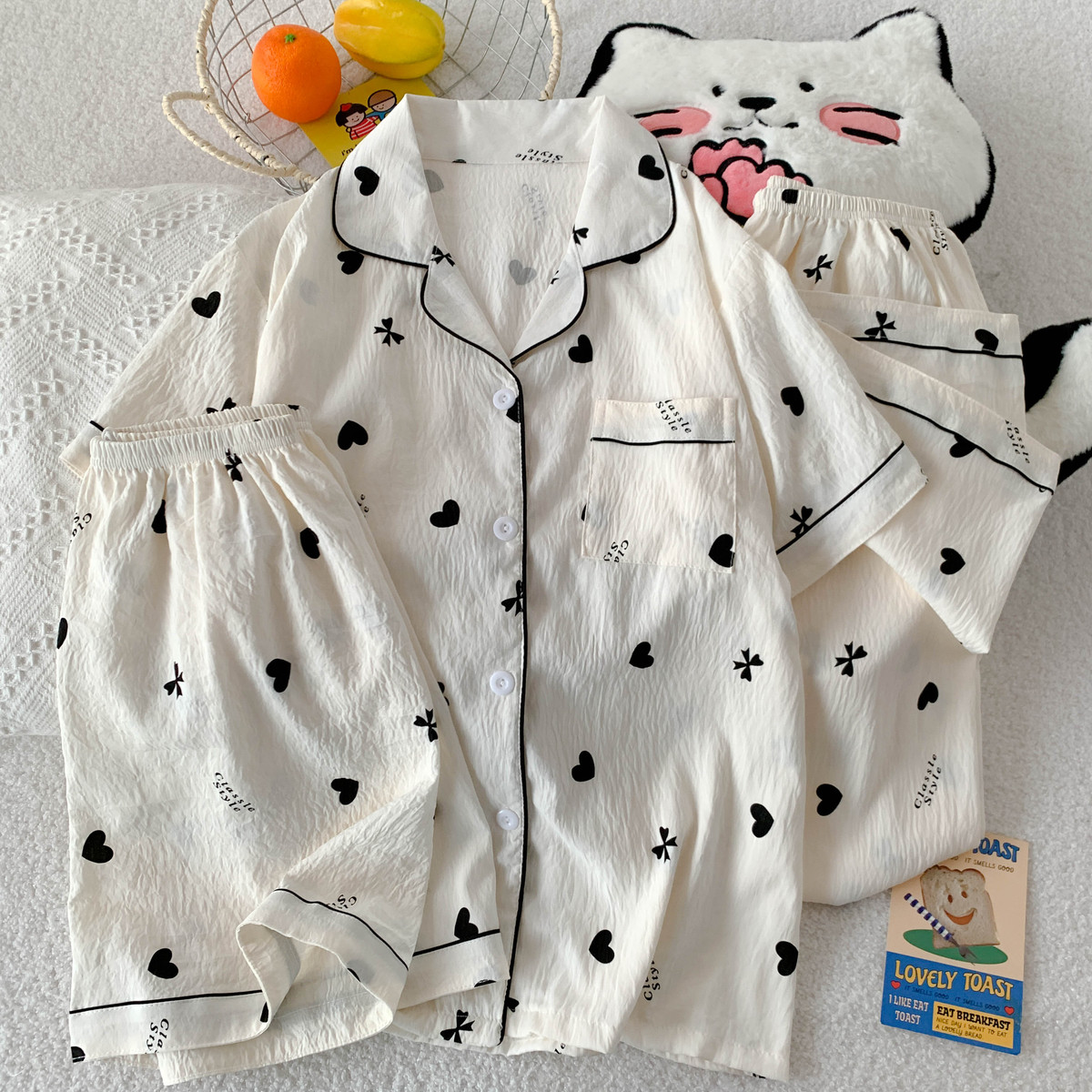 新品网红风睡衣女夏季短袖短裤长裤可外穿云朵棉高级感家居服三件