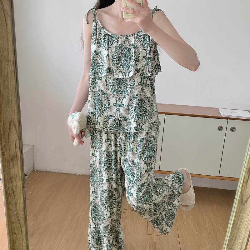 新品2025年新款性感吊带长裤绵绸睡衣女夏季棉绸薄款纯欲人造棉家