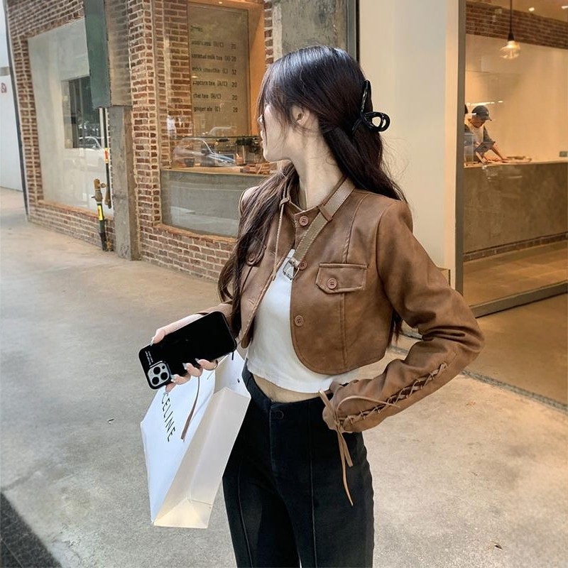 李李服饰棕色皮衣女2025夏季新款美式高级感短