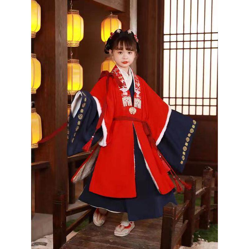 男童国服加绒拜年服红色明代广袖套装袍子2024年