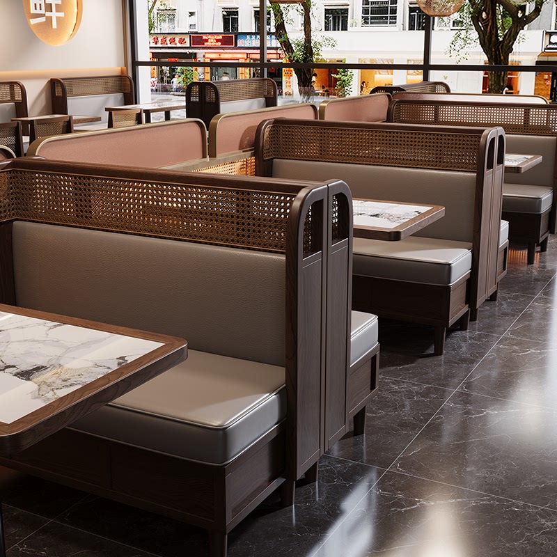 东南亚风餐厅实木藤编卡座沙发商用咖啡厅茶餐厅火锅店桌椅组合