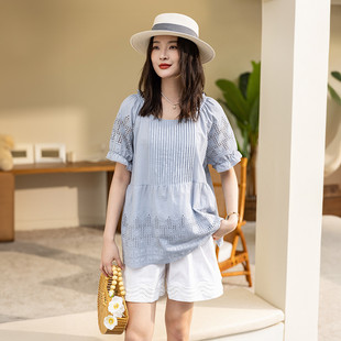 宽松遮肚 高级感加大码 纯棉重工刺绣压褶A字衬衫 女夏2025法式