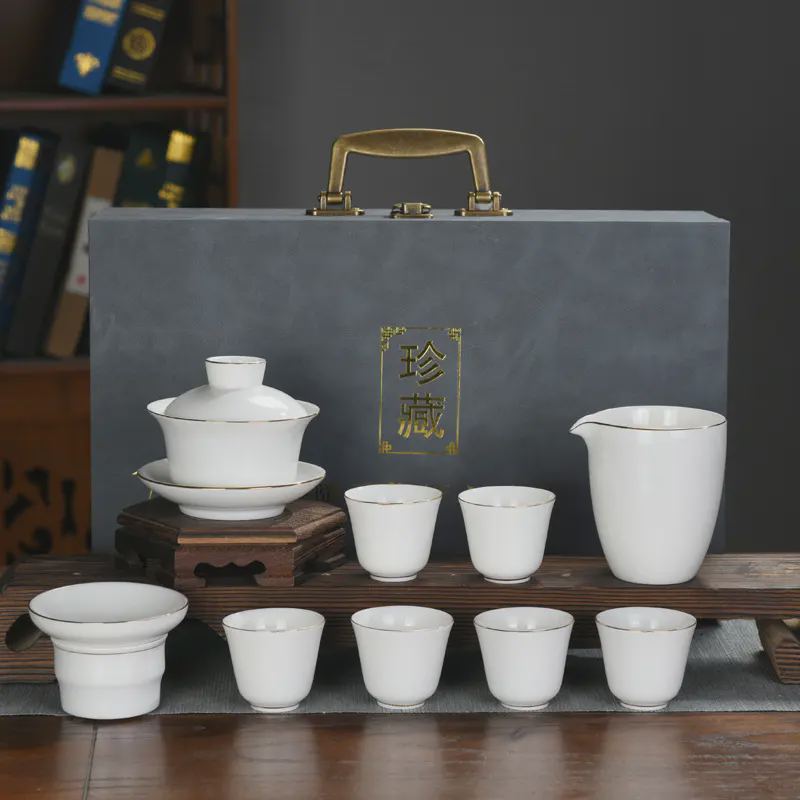 高档羊脂玉白瓷套组功夫茶具套装描金盖碗公司礼品可加送客户骨瓷