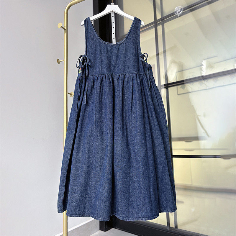 日系文艺气质圆领系带牛仔刺绣无袖马甲背带裙娃娃裙森系