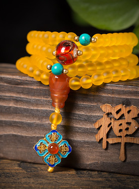 黄琉璃108颗手链男女修黄财神法手工老琉璃念珠