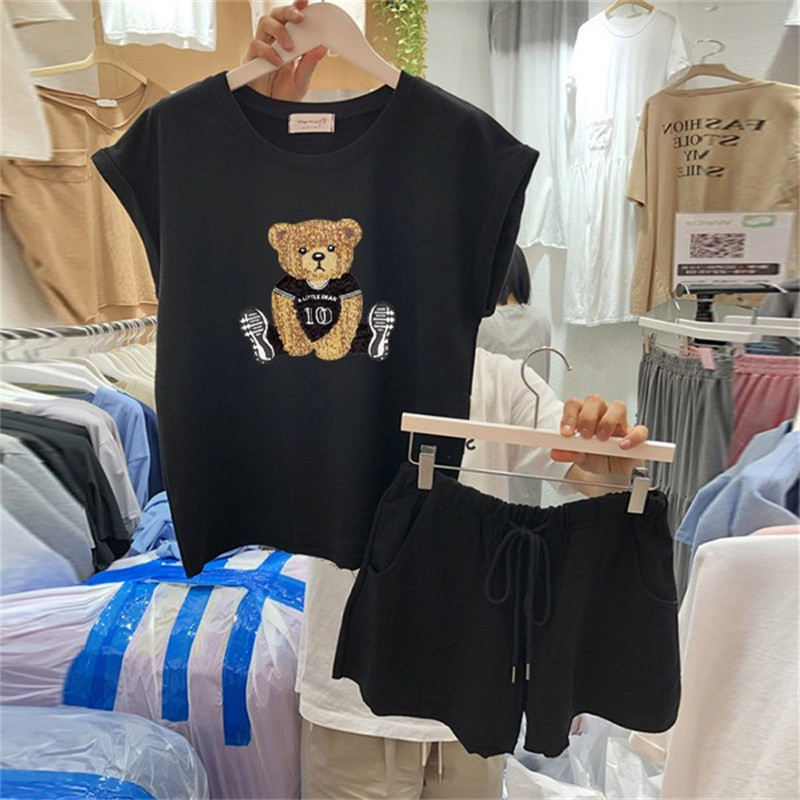 新品小熊印花无袖上衣短裤休闲运动两件套装家居服夏天睡衣可外穿