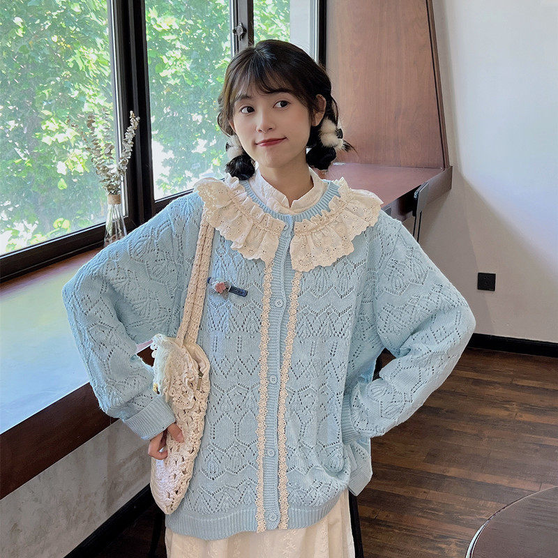森系甜妹少女感蕾丝花边拼接开衫毛衣镂空编织奶蓝色毛线