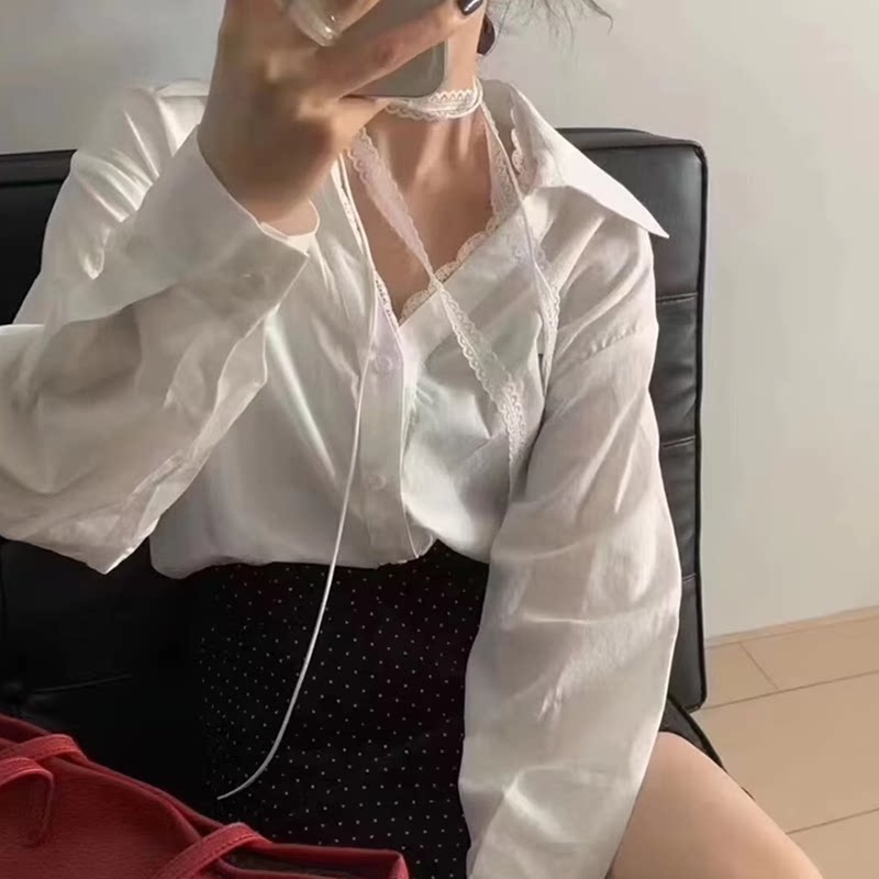 2024配丝巾高级气质白色假两件V领蕾丝拼接长袖宽松衬衫女秋