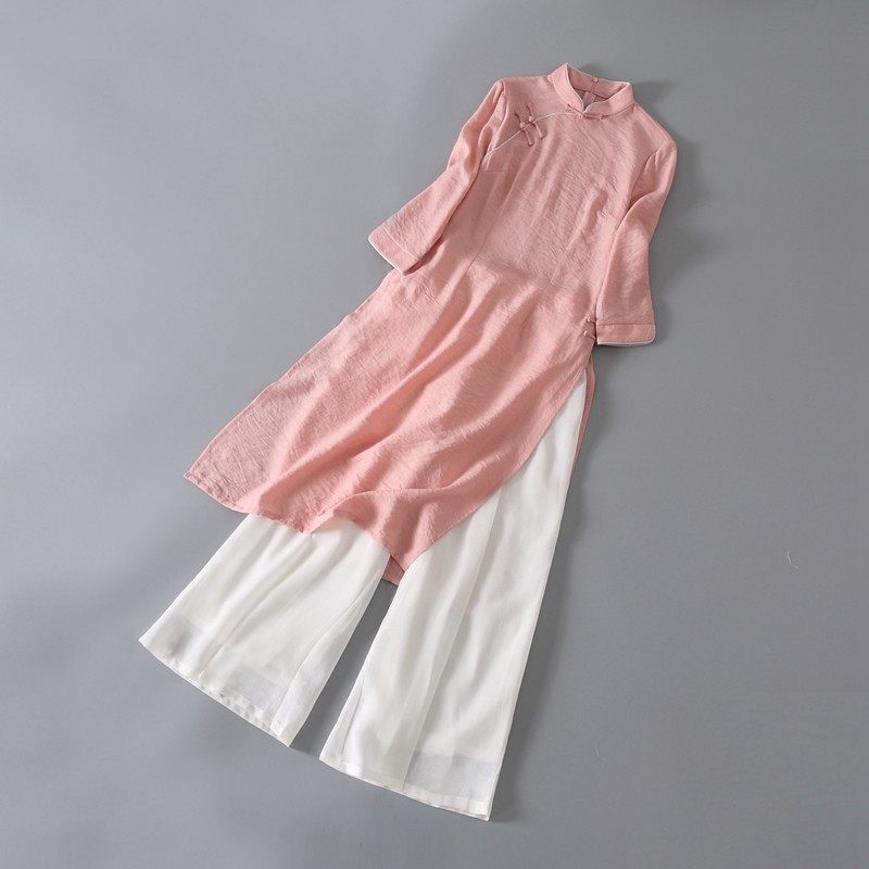 新中式高开叉奥戴改良文艺丝麻盘扣中长两件套,女装/女士精品,时尚套装,淘宝优惠券,粉丝福利购,淘宝优惠卷