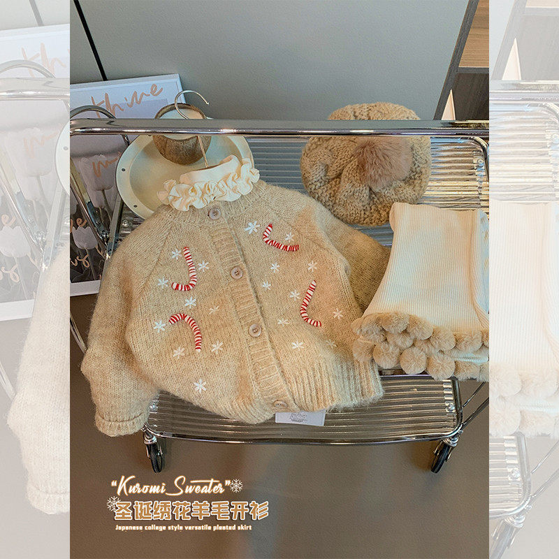 小沐沐加厚开衫毛衣2023新款冬装小童女宝宝圣诞节毛衣洋气