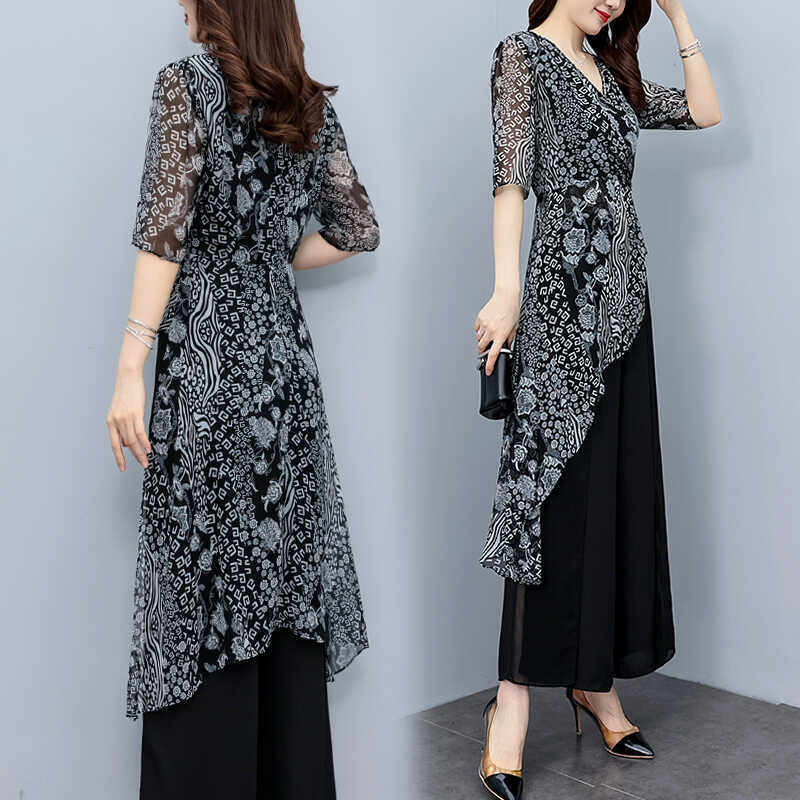 2024年新款夏季两件套裤不规则雪纺阔腿裤休闲时尚套装女,女装/女士精品,时尚套装,淘宝优惠券,粉丝福利购,淘宝优惠卷