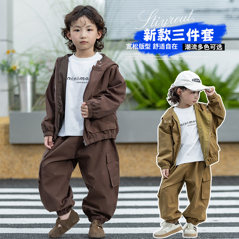 男童套装春秋新款儿童连帽工装裤三件套中小童韩版炸街潮