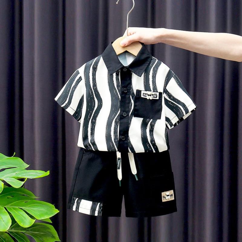 儿童小男童洋气套装2024夏装新款宝宝薄款衬衫夏季五分裤袖两件套