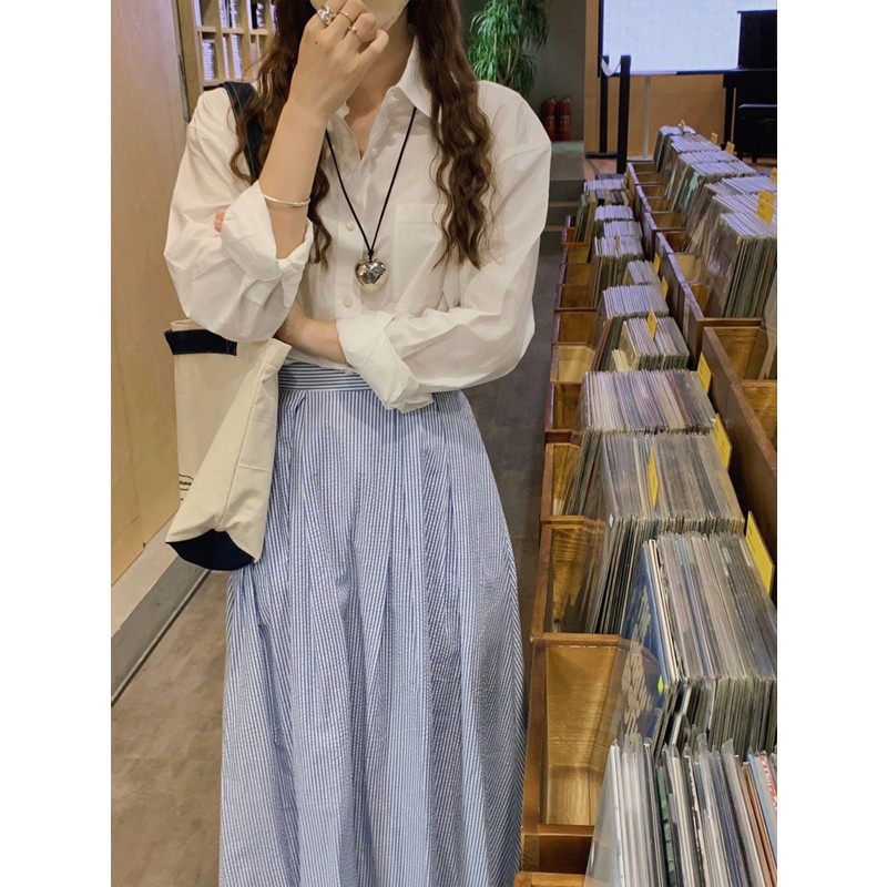 甜美日系蓝白竖条纹女气质学院风超仙中长款a字裙