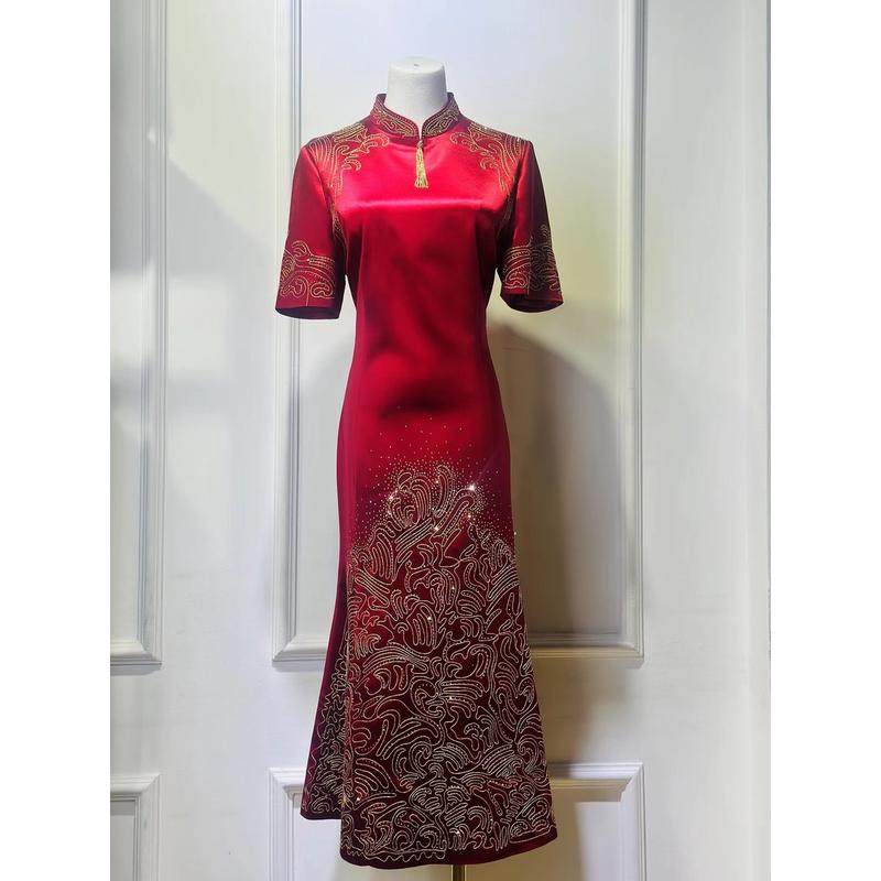 鱼尾改良长款金线绣花妈妈气质醋酸婚宴装中式烫钻,女装/女士精品,旗袍,淘宝优惠券,粉丝福利购,淘宝优惠卷