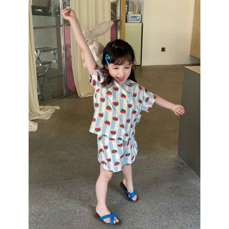 艾摩贝贝女童满印全棉吊带睡衣裙可爱小番茄家居服短袖短裤套装