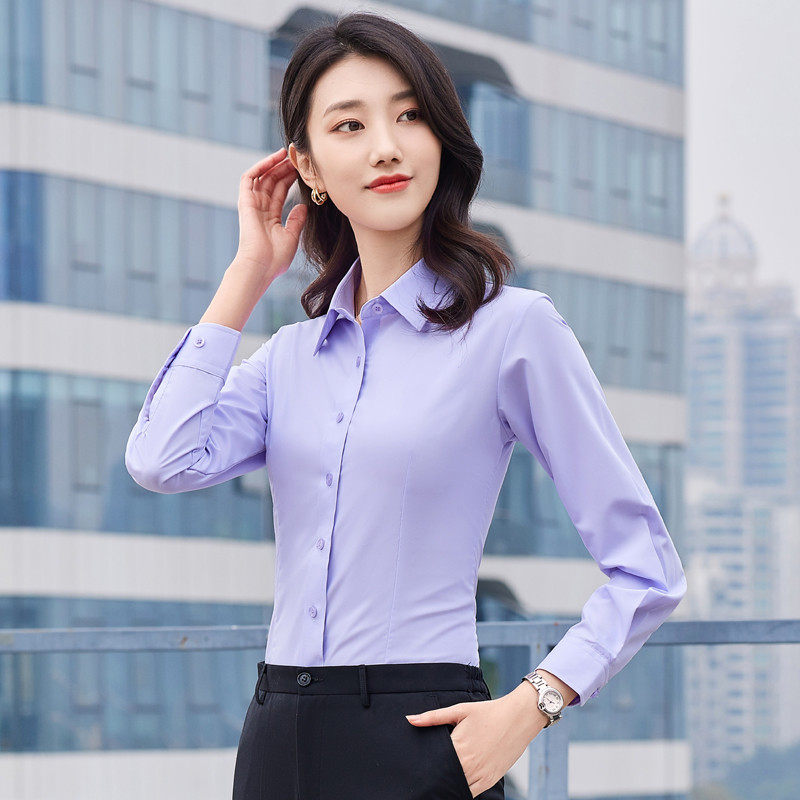 紫色衬衫女长袖春季新款职业正装工作服气质工装白色衬衣
