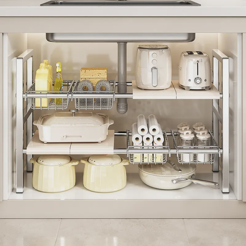 家用厨房不锈钢免打孔置物架收纳篮沥水伸缩橱柜免打孔多层收纳架,厨房/烹饪用具,水槽置物架,淘宝优惠券,粉丝福利购,淘宝优惠卷