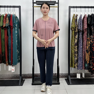 运动套装女2024新款小个子妈妈夏款减龄年轻妈妈铜氨丝两件套大码