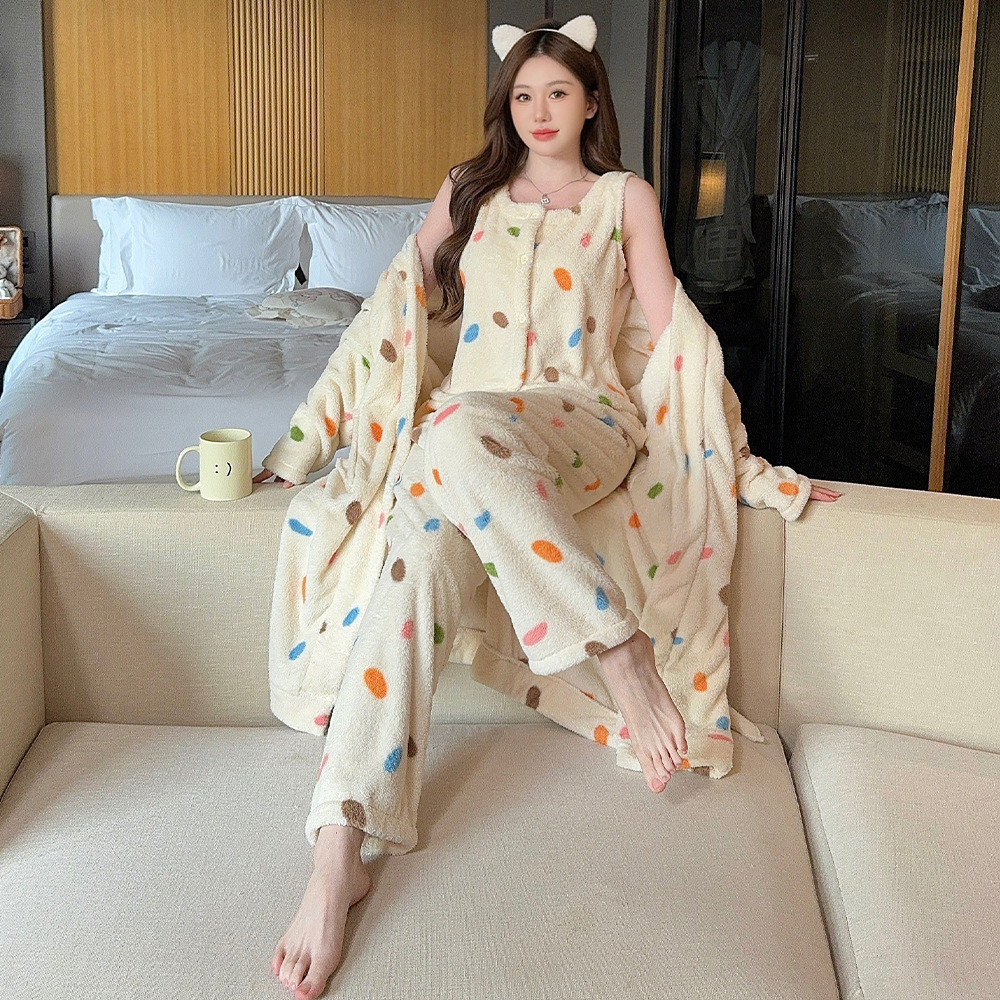 秋冬季保暖半边绒睡衣女士加厚网红风背心吊带可外穿三件套家居服