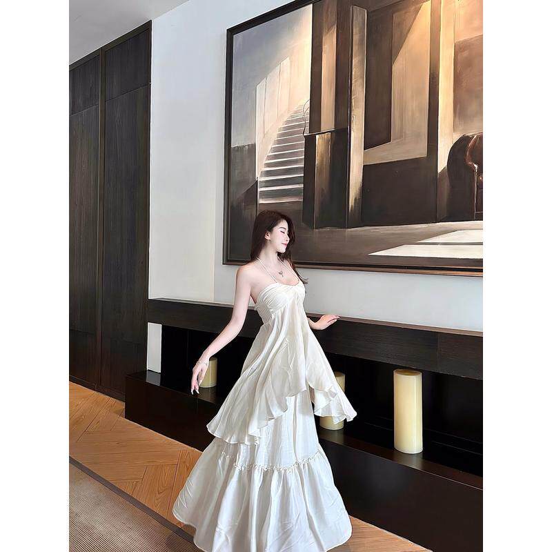 三亚旅行拍照绝美海边度假超仙女挂脖抹胸荷叶边两件套装