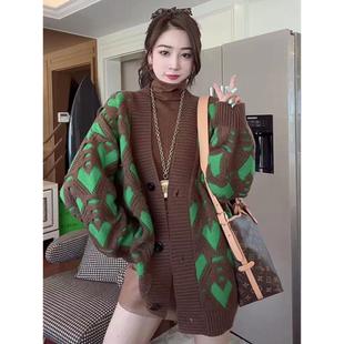 高级感加厚爱心撞色毛衣女秋冬大板宽松慵懒风中长款开衫
