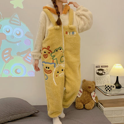 睡衣女秋冬季卡通可爱加厚珊瑚绒动物连体家居服加绒连帽套装如厕