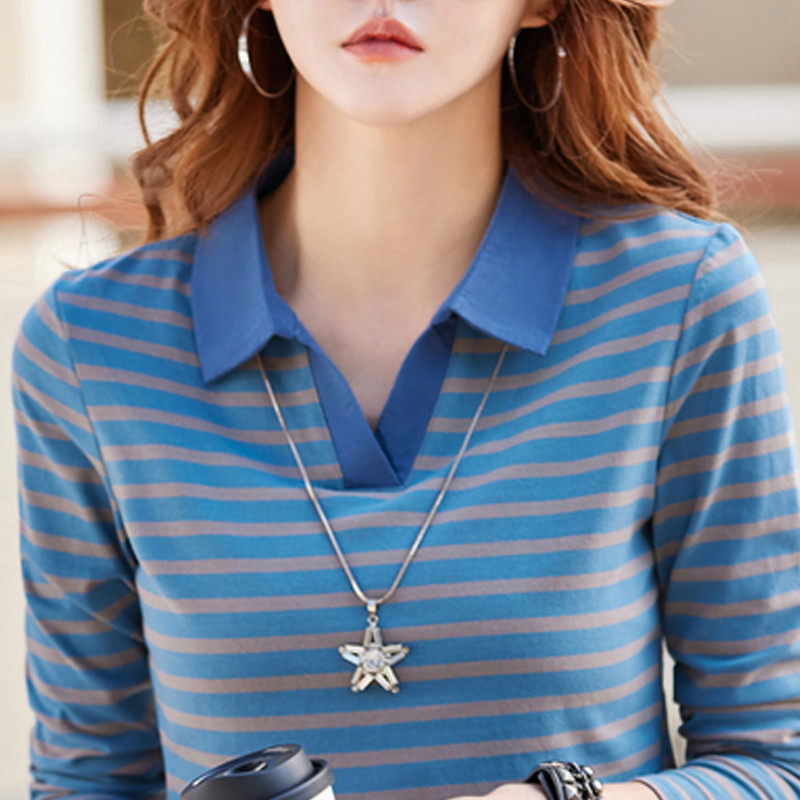 条纹纯棉长袖t恤女大码宽松洋气妇女老人中年妈妈衬衣