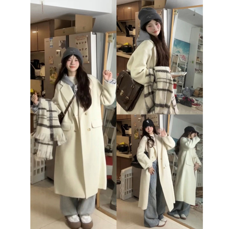 白色呢子大衣女毛呢秋冬季2024年新款高级感小个子超好看加厚