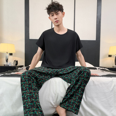 新品夏季棉绸睡衣男套头夏天短袖长裤两件套宽松休闲家居服绵绸可