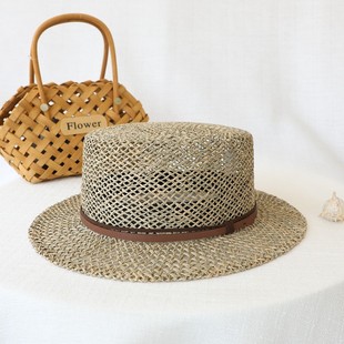 法式平顶镂空咸草礼帽平沿男女度假遮阳草帽夏季海边拍照