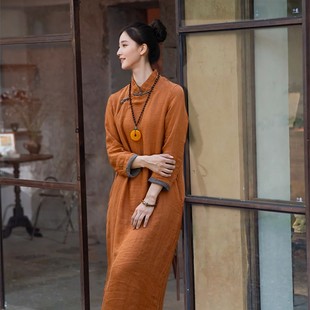 知笔墨2024夏款橙黄佛系色织亚麻轻中式改良 斜襟