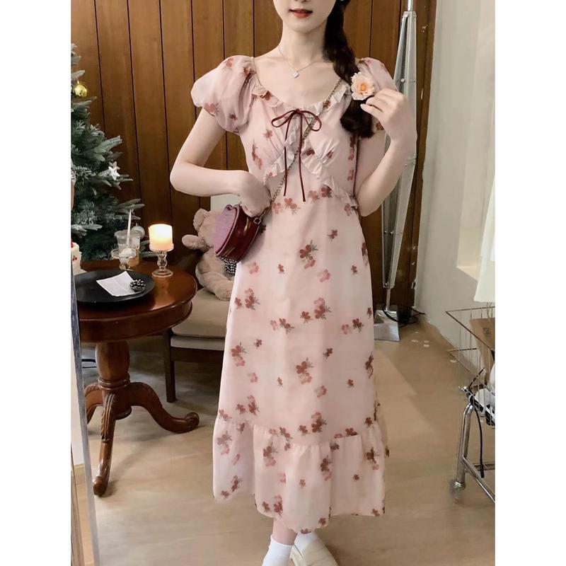 安璃 山楂之恋~夏日浪漫风情红碎花木耳边撞色系带打揽
