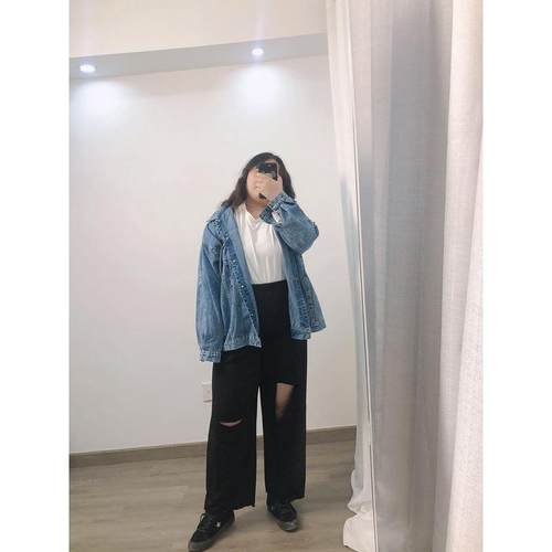 春秋季新款300斤加肥超大码胖mm破洞牛仔200斤韩版宽松
