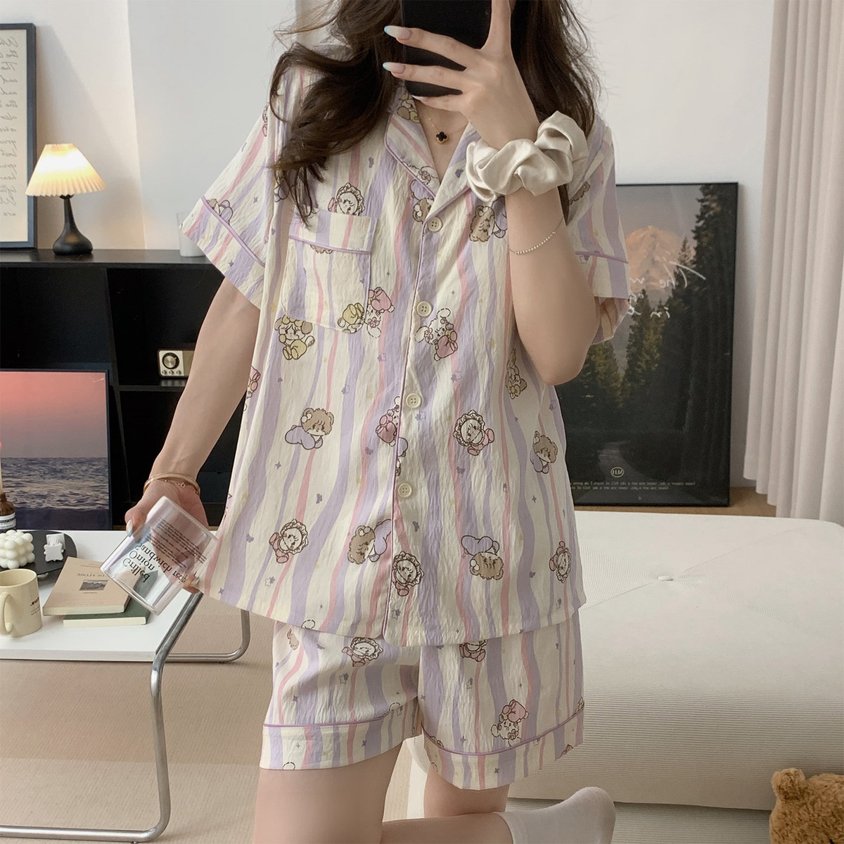 新品2025新款睡衣女夏季短袖短裤长裤三件套可爱mikko夏天薄款家