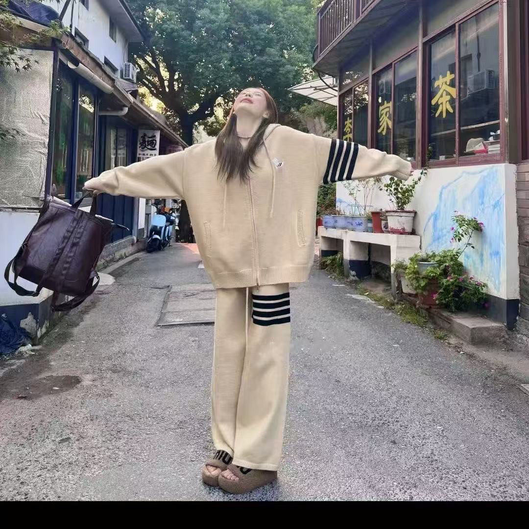 韩版慵懒风拉链套装女春秋新款宽松外穿百搭休闲阔腿裤两件套