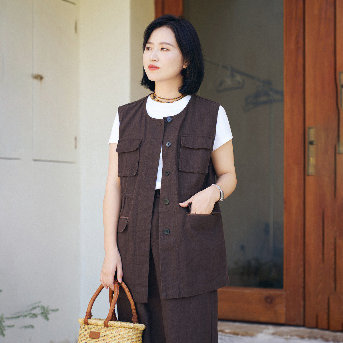 梭家｜时间回转｜文艺范工装风深咖苎麻棉马甲早秋女百搭