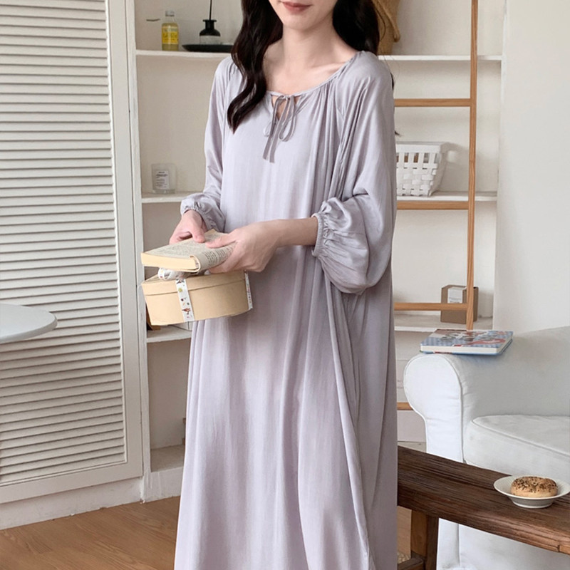 新品长袖棉绸睡裙女夏薄款连衣裙睡衣家居服加大码胖MM学生纯色绵