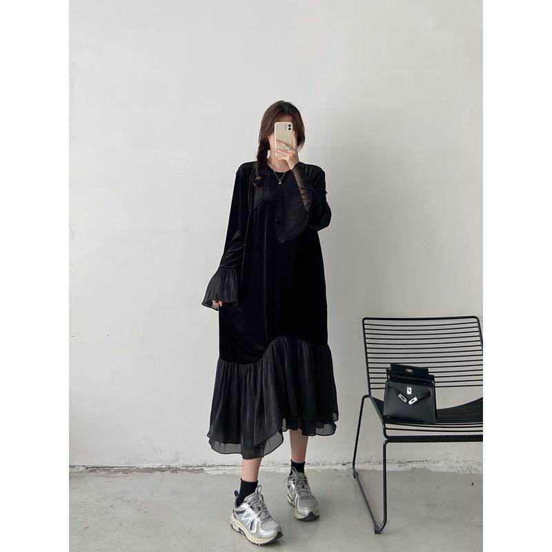 秋冬季黑色丝绒女胖mm设计感喇叭袖拼接大码宽松鱼尾裙,女装/女士精品,连衣裙,淘宝优惠券,粉丝福利购,淘宝优惠卷