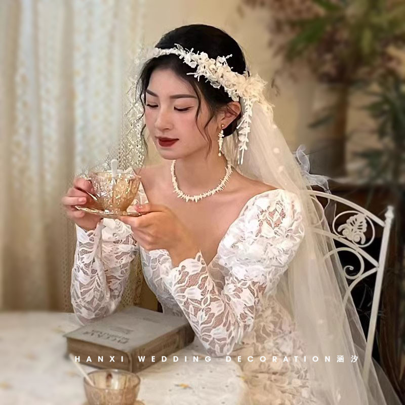 涵汐法式蕾丝铃兰花环头纱新娘旅拍甜美头纱外景造型配饰