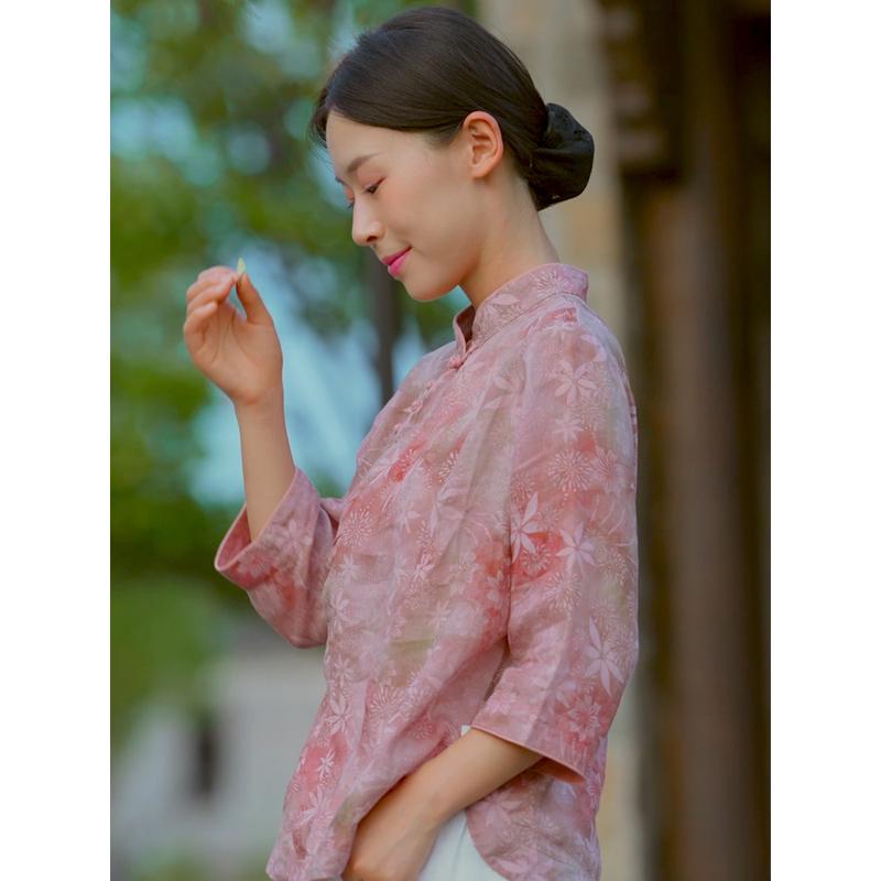汀素 女2025春夏盘扣衬衫新中式短款七分袖粉色开襟小衫