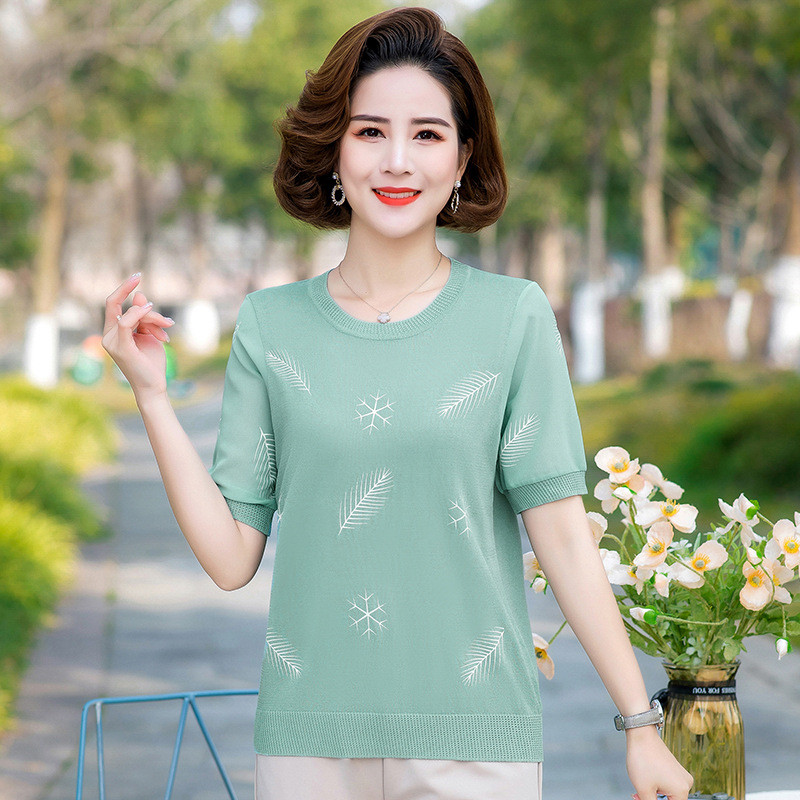大码宽松妈妈装新款夏装短袖圆领T恤薄款针织衫上衣中老年女装