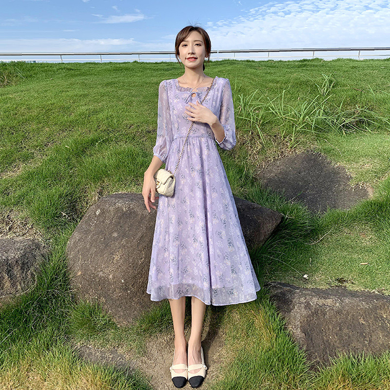 高级感紫色碎花雪纺女2025新款夏季收腰显瘦a字超仙女