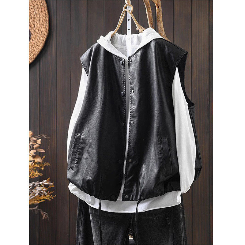 黑色皮衣马甲女宽松显瘦春秋圆领pu皮机车服港风潮