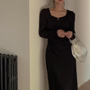 长袖 法式 新品 2024秋装 褶皱遮肚显瘦 方领泡泡袖