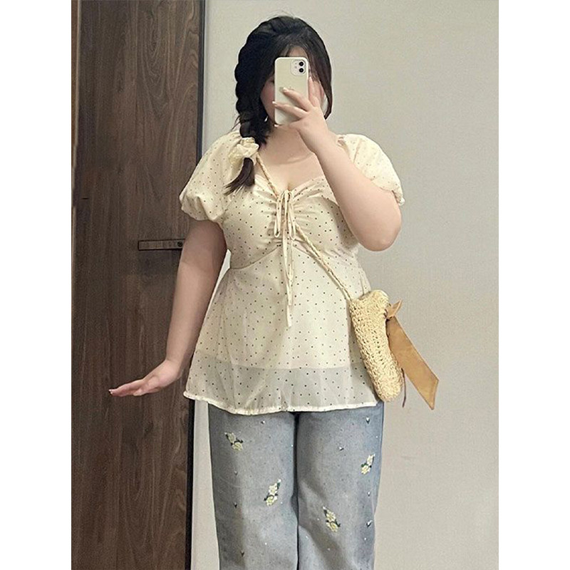 大码胖mm法式泡泡袖碎花波点衬衣女夏季薄款设计感显瘦女