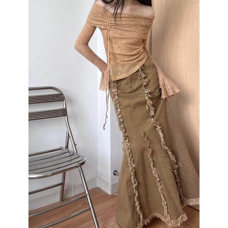 秋冬款牛仔包臀鱼尾棕色法式高级小众美拉德流苏女