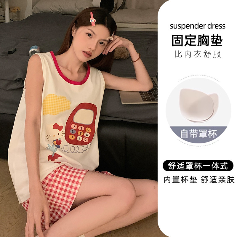 现货带胸垫睡衣女士夏季背心薄款纯棉甜美可爱卡通格子大码家居服